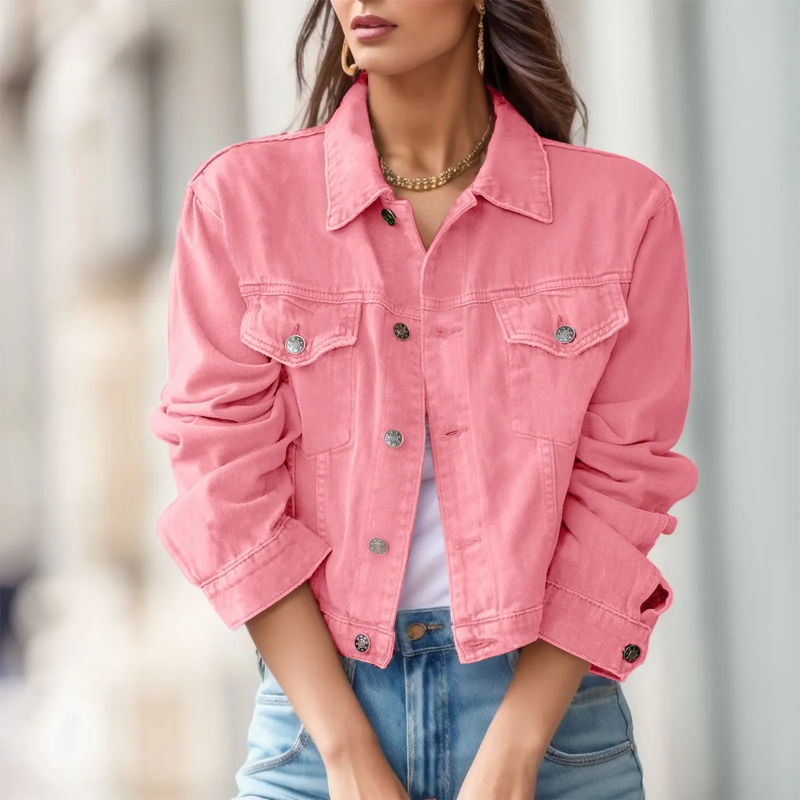 2024 Women Short Denim Jackets Fashion Female Casual Long Sleeve Lapel Solid Button Pocket Slim Jean Jacket Fall Winter Coat