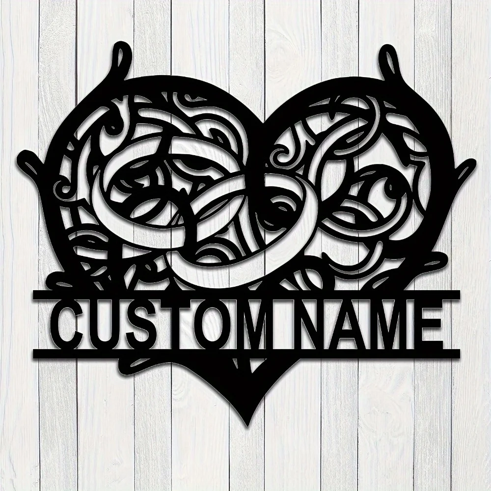 

Unique Customizable Heart Shaped Metal Surname Sign in Black Iron with Silhouette Design Ideal Decor for Living Room Door Patio
