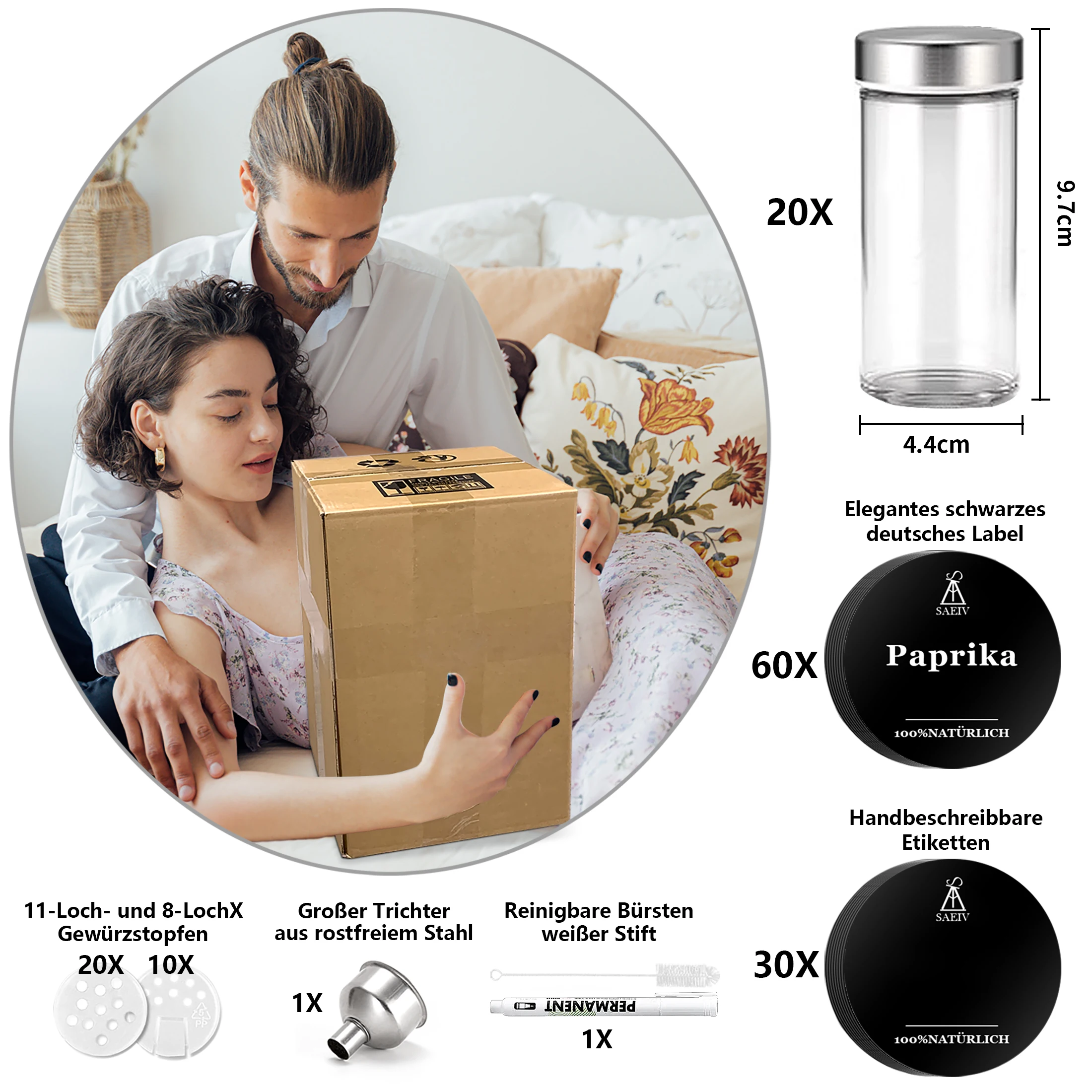 SAEIV Drehbares Edelstahl Gewürzregal mit 20 Glas-Gewürzdosen – 360° Gewürzständer inkl. Beschriftungsaufklebern, Marker & Reinigungsbürste – Moderner Platzsparender Gewürzorganizer für Küche – Detail 10