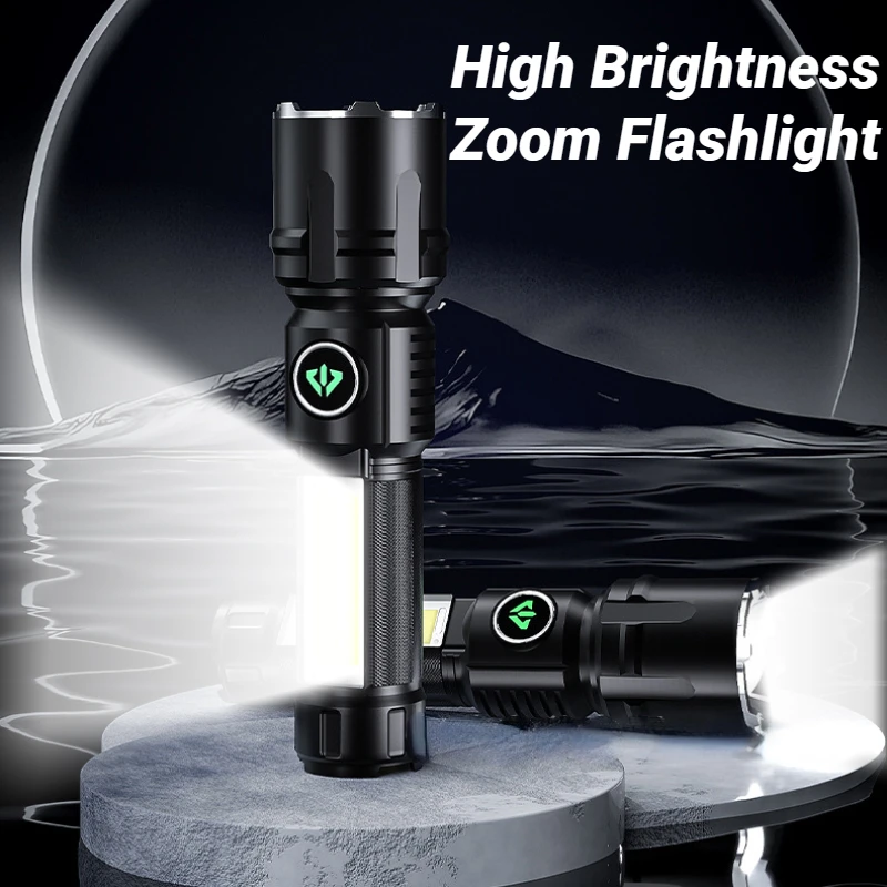 

Strong Light Long-range Flashlight USB Charging Zoom Outdoor Waterproof Emergency ABS Flashlight with COB Side Lights Torch