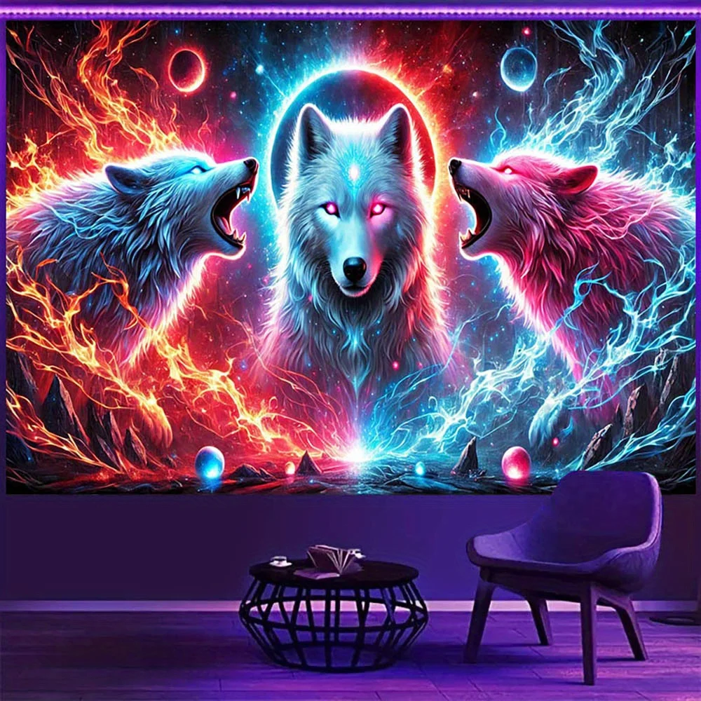 VIKAMA Three Wolves Power Tapestry Colorful Lightning Flame Living Room Sofa Background Esports Game Room Decoration