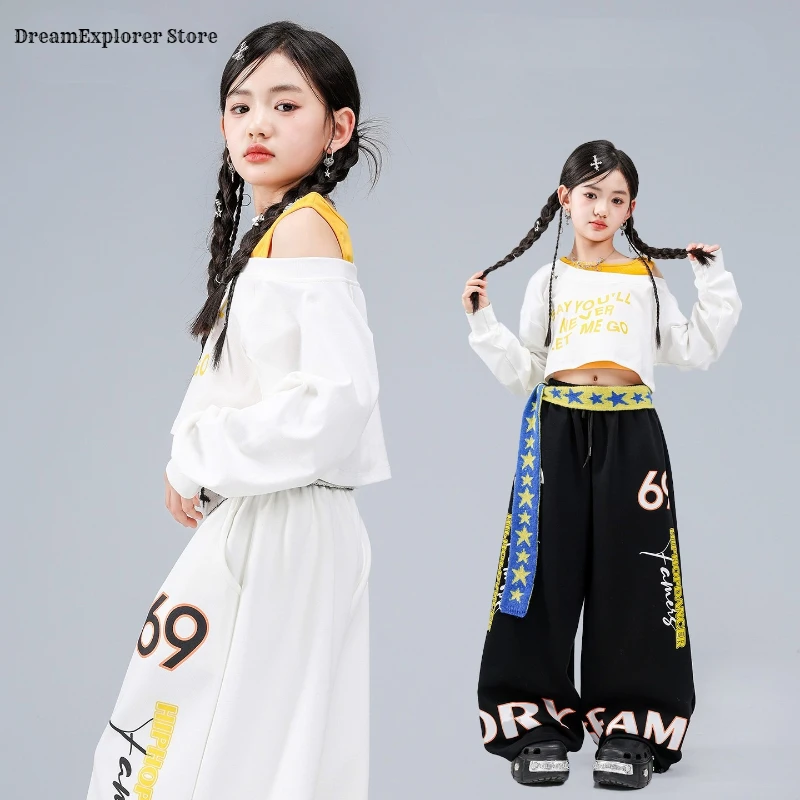 Girls K-pop Fake Two-piece Crop Top Joggers Pants Child Streetwear Girl Group Costume Kids Hip Hop Jazz Street Dance Clothes Set