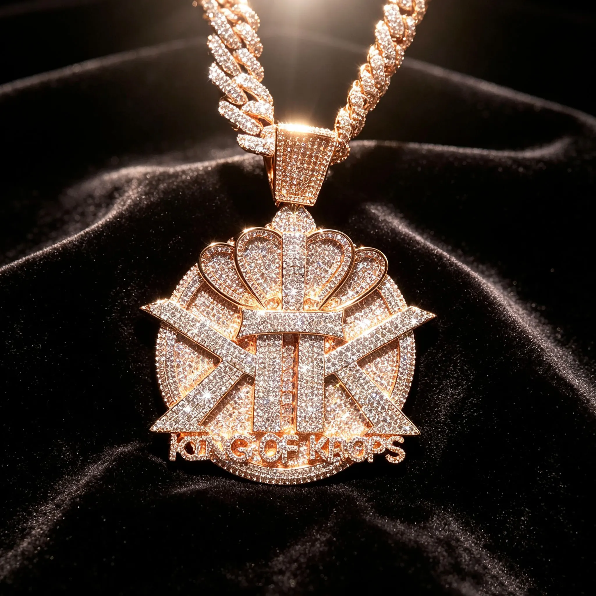 Iced Out King Of Kings Crown Pendant Necklace, Men Hip Hop Full Micro Paved VVS CZ Diamond Round Medallion Charm, Rose Gold Plated Iced Cuban Link Chain, Rapper Statement Bling Jewelry for Party Club Gift