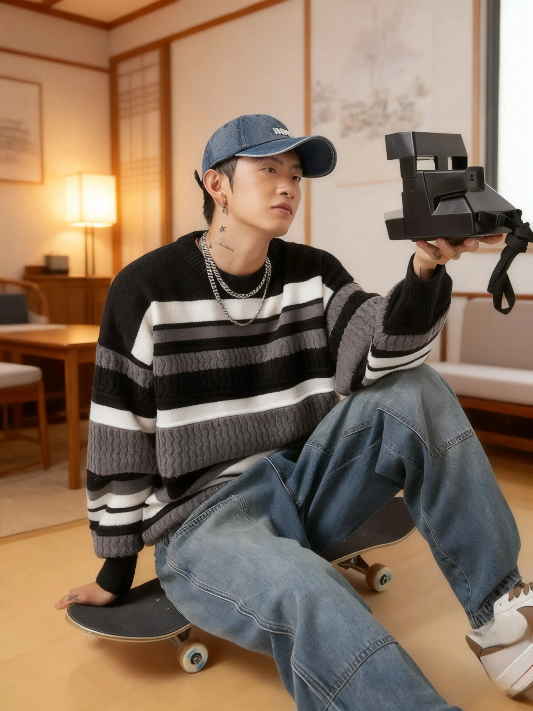 2025 سترة محبوكة مخططة بألوان متعددة للرجال |   معطف بلوفر كاجوال كبير الحجم للأزواج، ملابس تريكو كبيرة الحجم للجنسين