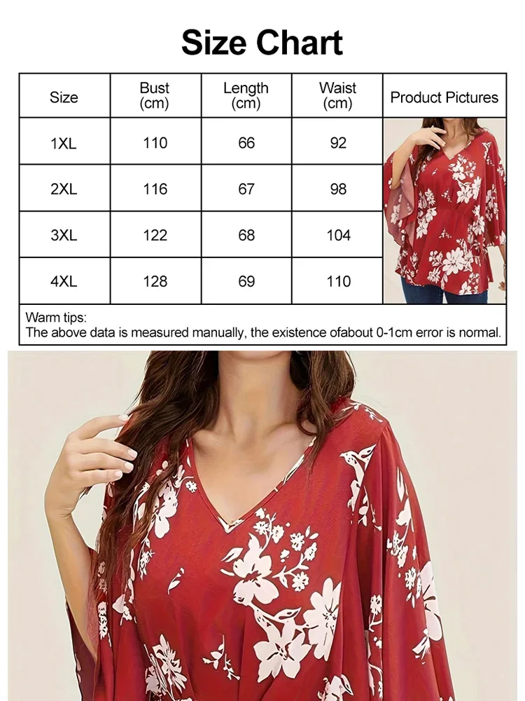 Women Spring Autumn New Shirts Flower Printing V-Neck Batwing Half Sleeve Loose Casual Plus Size Women\'s Clothing Wear Elegant