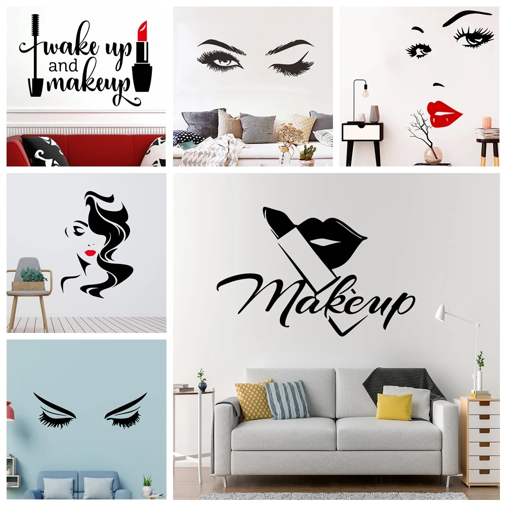 Beauty Salon Salon Lipstick Eyes Vinyl Wall Sticker Wallpaper For Beauty Salon Girls Bedroom Decor Mural Poster Quotes Make Up