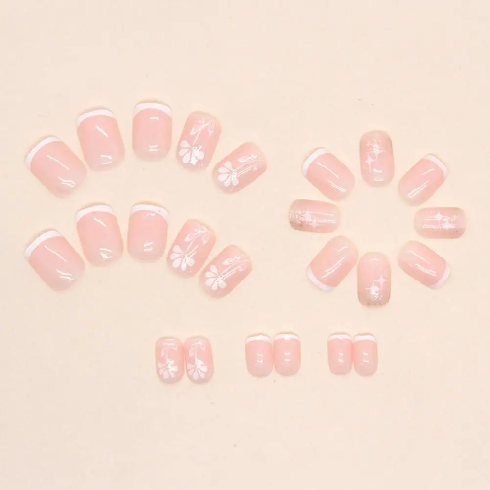 24Pcs Fake Nails Floral Frosted Gold Foil Sweet Long Lasting Press on Short Fake Nails for Quick Easy Manicures