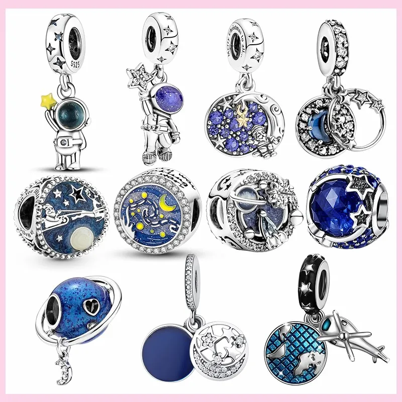 PAMELA 925 Sterling Silver Astronaut Moon Galaxy Charms Beads DIY For Original Pendant Bracelet Jewelry Fashion For Women Gift