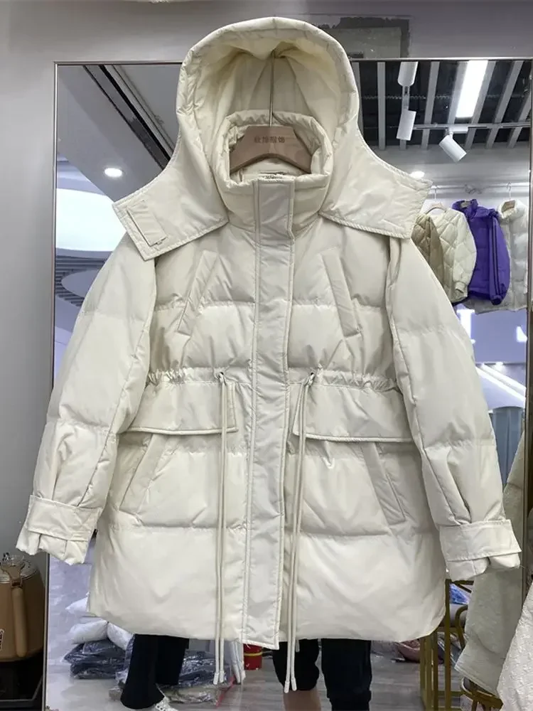 Imagem -02 - Jaqueta de Puffer de Pato Branca Feminina Parka com Capuz Cabolsa com Zíper Quente Casual Sólido Novo Inverno 2023