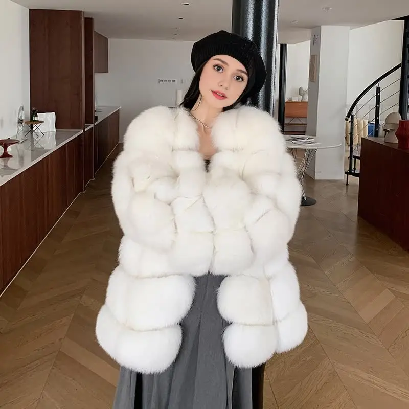 QUEENTINA Women's Whole Real Fox Fur Coat With Stand Collar Winter Fashion Jacket Female Promotion Especially White Skin For