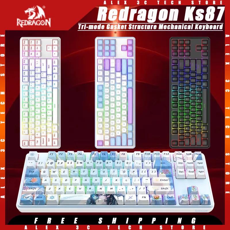 

Redragon Ks87 Mechanical Keyboard Tri-Mode Wireless Hot Swap Rgb Gasket Structure Customized Gaming Keyboard Pc Gamer Accessory