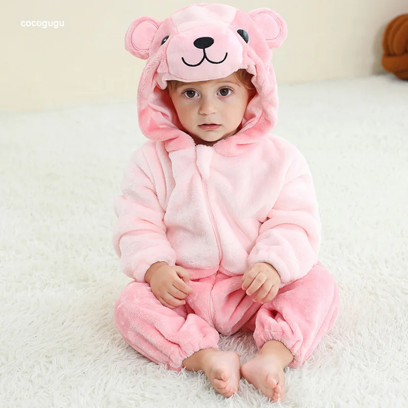 

Pink Bear Romper Baby Girl Pajama Newborn Bebe Clothes Cute Bodysuits Flannel Warm One-piece Winter Halloween Animal Outfit