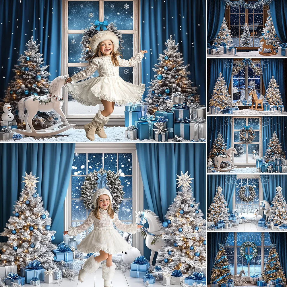 Christmas Backdrop White Winter Trees Wreath Presents Rocking Horse Snowman Blue Curtain Night Background Photo Studio Photocall