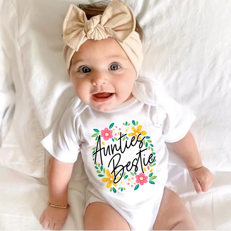 Summer Newborn Infant Baby Clothes Wreath Aunties Bestie Cute Toddler Jumpsuits Boys Girls Short Sleeve Funny Bodysuits Outfits