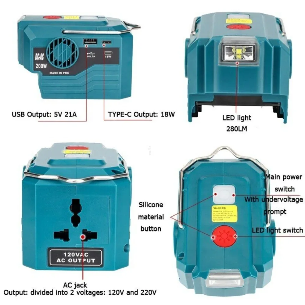 Imagem -02 - Inversor Led Luz de Trabalho para Bosch Dewalt Makita Milwaukee Ryobi 18v 20v Bateria de Lítio Power Bank Carregador 200w