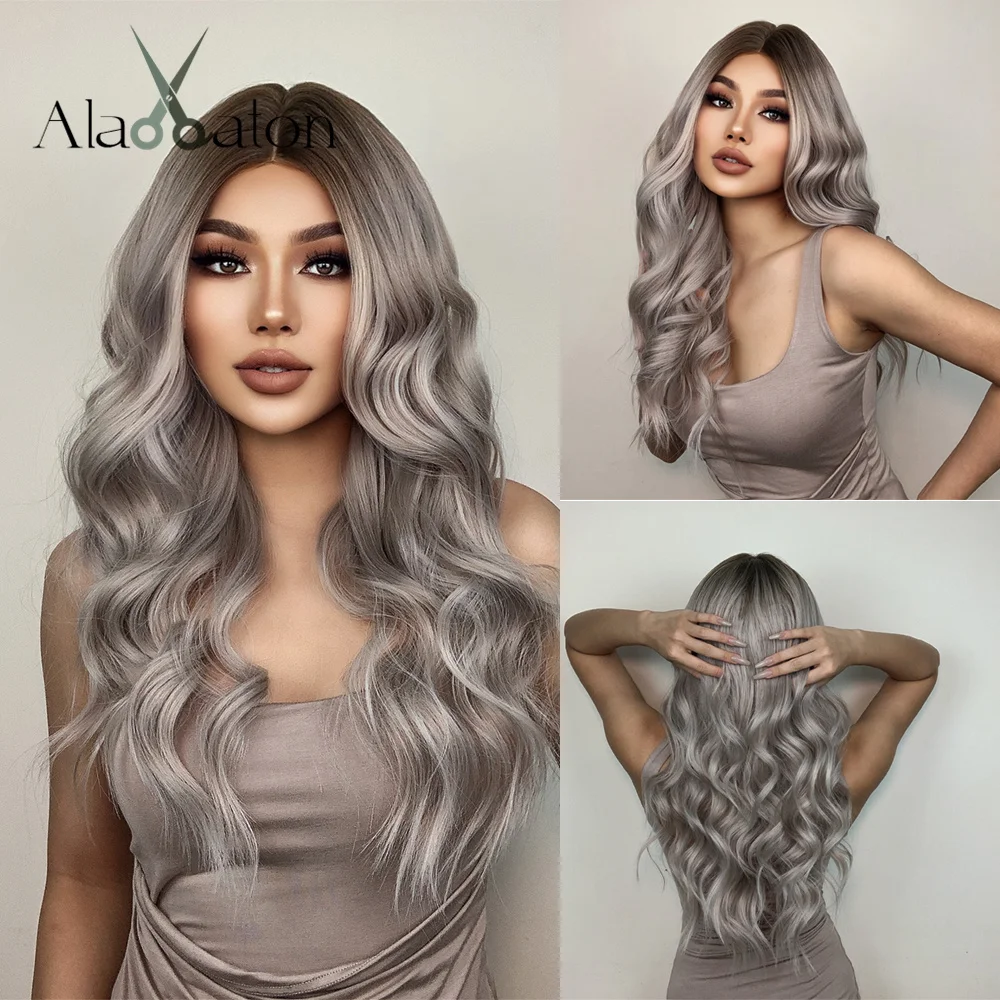 

ALAN EATON Silver Synthetic Wigs for Women Long Natural Wave Silk Brown Ombre Middle Part Wigs Daily Cosplay Use Heat Resistant