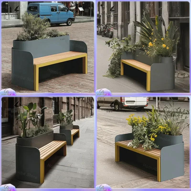 Outdoor Wrought Iron Flower Box Bench Integrated Planter Seat Commercial Street Partition Garden Furniture Decorative