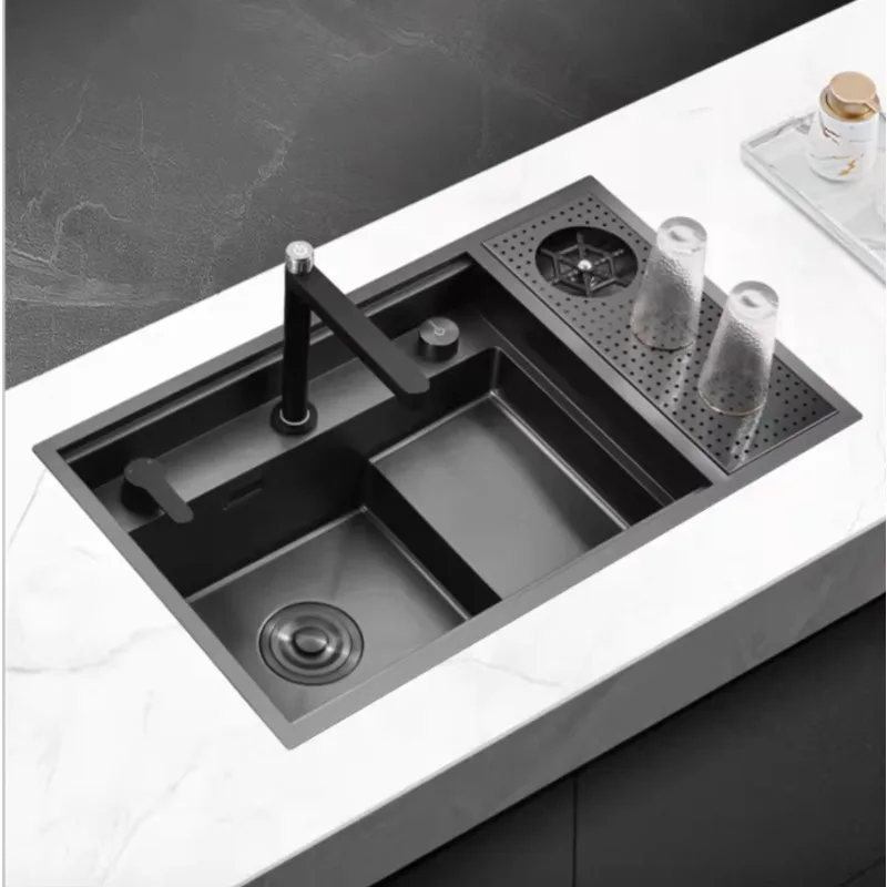 

Handmade 304 Stainless Steel Single-Bowl Kitchen Sink Hidden Design with Cup Washer Drain and Pipe Lifting Faucet