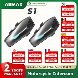 ASMAX S1 Bluetoothバイク用ヘルメットインターコム防水ボイスコントロールBT5.4ユニバーサルペアリングメッシュインターフォン8ライダー用IPX7/多機能アプリ/デュアルチップBT5.4/FMラジオ/ENCノイズキャンセリング/マルチオーディオプロセッシング