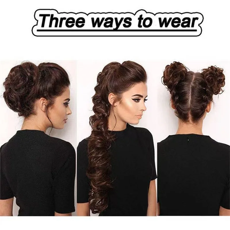 2PCS Long wig curly messy bun wrapped scrunchie elastic rubber headband