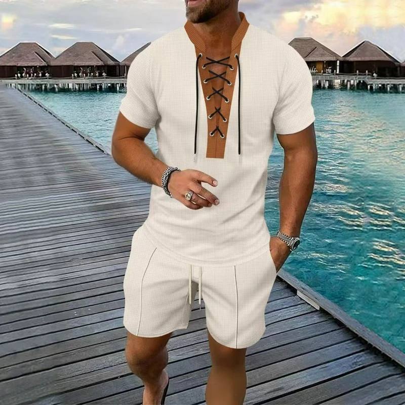 

Amazon Men's New Brown Round Neck Wearing Rope Short-sleeved Shorts Two-piece Casual Suit Temperament Fashionable Individuality