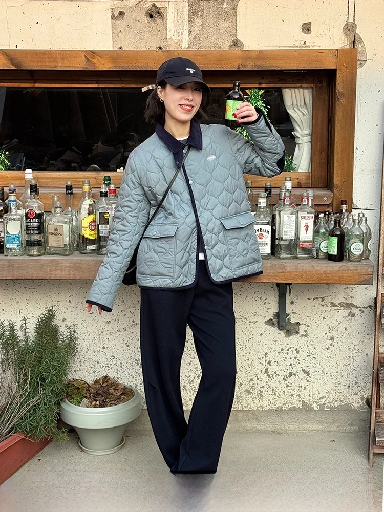 

Blue Thickened Cotton Jacket Women's Loose Warm Winter Coat Design Sense Small Audience LANGQING TONG Commute Style Long Sleeve