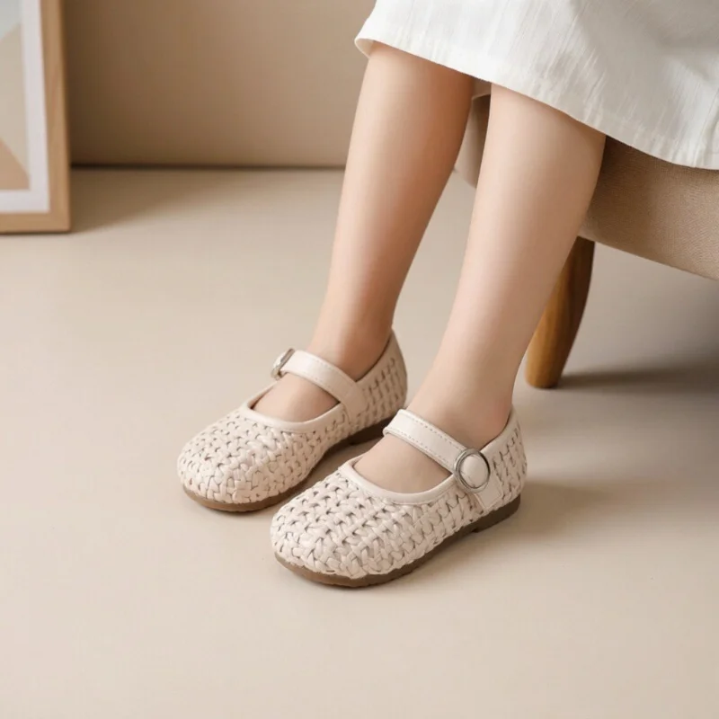 

Girls' PU Leather Shoes Spring Autumn New Woven Shallow Mouth Princess School Student Fashion Casual Loafer