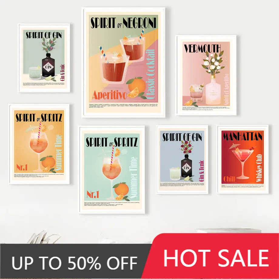 Aperol Spritz Gin Negroni Vermouth Cocktail Wall Art Canvas Painting Nordic Posters Prints Wall Pictures For Kitchen Bar Decor