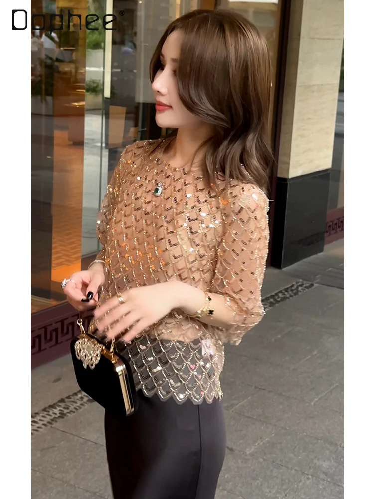 

Luxury Shiny Elbow Sleeve Blouse Women Fish Scale Sequin Rhinestone O-neck Loose Tops Temperament Zipper Back Party Club