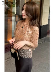 Luxury Shiny Elbow Sleeve Blouse Women Fish Scale Sequin Rhinestone O-neck Loose Tops Temperament Zipper Back Party Club