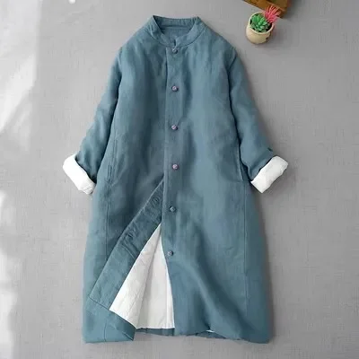 

Chinese Style Women's Quilted Jacket Stand Collar Long Cotton Coat for Spring Autumn Mid-Length Warm Linen Outerwear