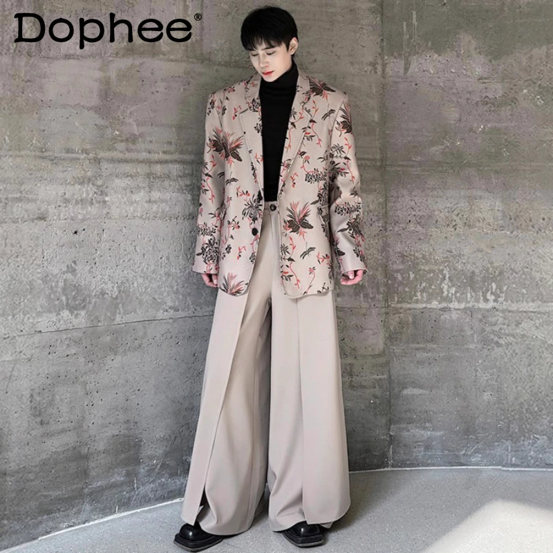 

Мужские комплекты костюмов на весну и осень 2023, новые высококачественные комплекты костюмов с мягкими плечами и цветочным принтом в стиле ретро, свободный комфортный костюм с широкими штанинами, комплекты из двух предметов