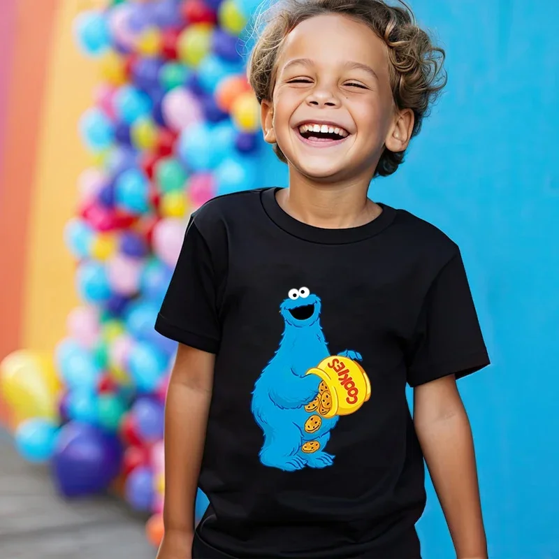 تي شيرت للأطفال مطبوع عليه شارع سمسم بأكمام قصيرة، قميص أسود كارتوني مناسب للأولاد والبنات من القطن الخالص بأكمام قصيرة #3