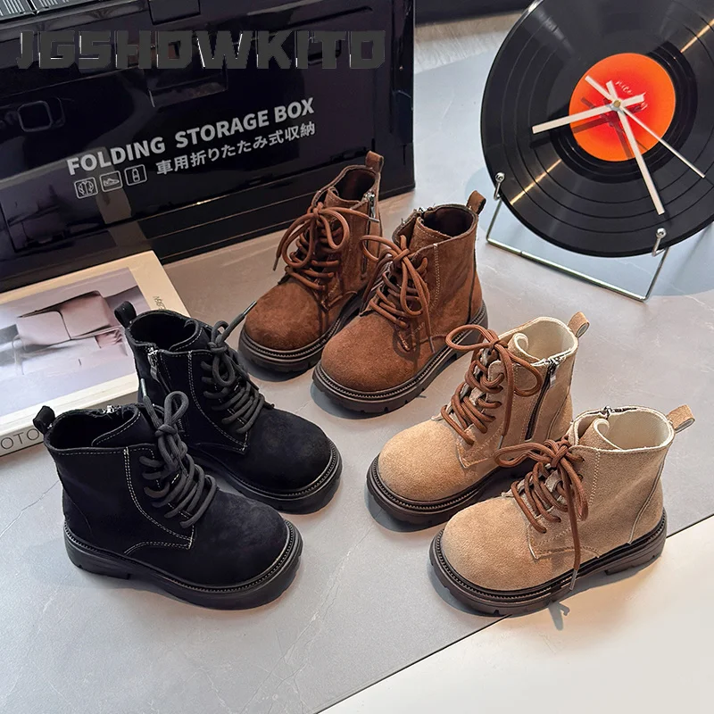 JGSHOWKITO Boys Fashion Boots Girls Short Boots 2026 Autumn Winter Flock Fabric Classic Kids Rubber Sole Non-slip Side Zipper