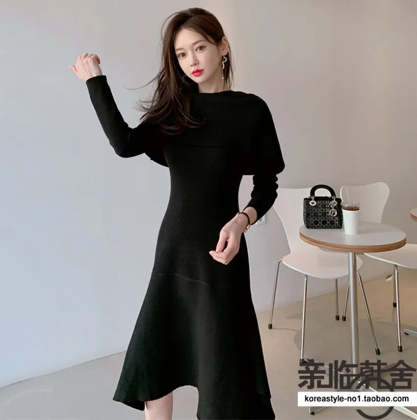 JSXDHK Women Fashion Slash Neck Midi Knitting Dress New Korean Autumn Winter Ruffles Off Shoulder Sexy Bodycon Sweater Dresses