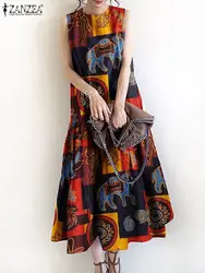 ZANZEA Summer O Neck Sleeveless Sundress Women Vintage Printing Dresses Bohemian Holiday Dress Elegant Work A Line Loose Vestido