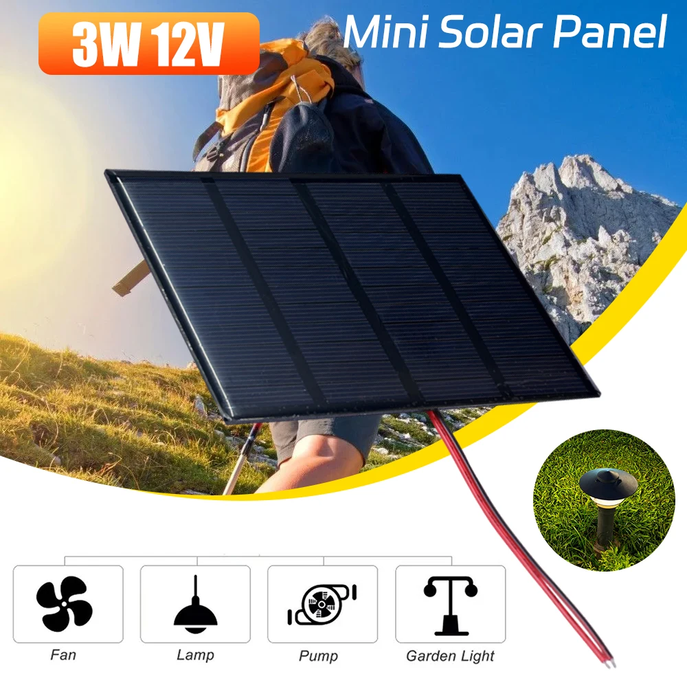 3W 12V Tragbares Solarpanel mit Kabel, Solar-Ladepanel, Solarmodul für 9-12V Batterie/Mobiltelefon, für Lampe, Ventilator, Pumpe