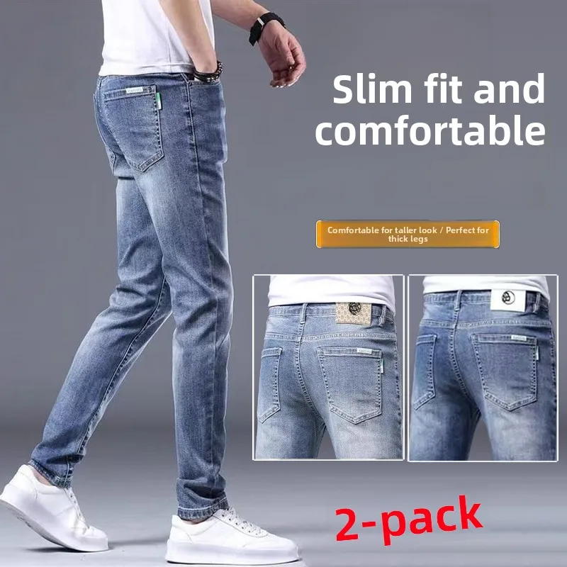 

Новые мужские джинсы 2025 года в корейском стиле, высококачественные, синие, облегающие, повседневные, из эластичного хлопкового денима, со средней посадкой, на молнии