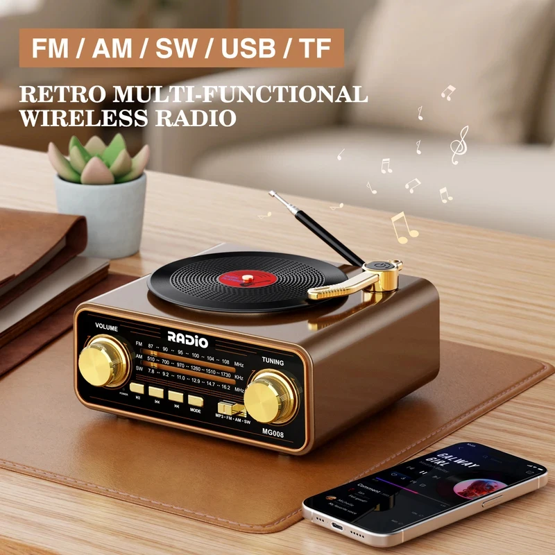 

Retro Vinyl Player Style Radio, Portable FM/AM/SW & Wireless Streaming, Unique Vintage Decor for Home & Gift Idea