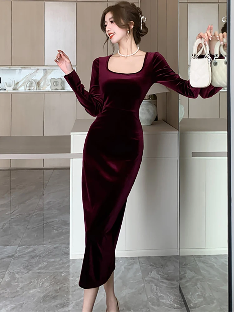 Women Blue Velvet Long Sleeve Prom Clothing Autumn Winter Thick Warm Casual Long Dresses 2026 Korean Vintage Elegant Dress Gown