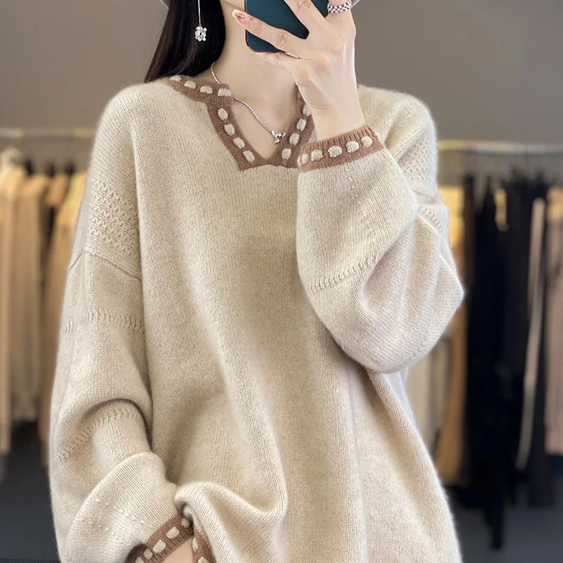 100% Wool, Women\'s Soft Cashmere Sweaters, Cashmere Knitting Pullovers, Long Sleeve, Loose Style, High Quality, HL01, 2023Winter