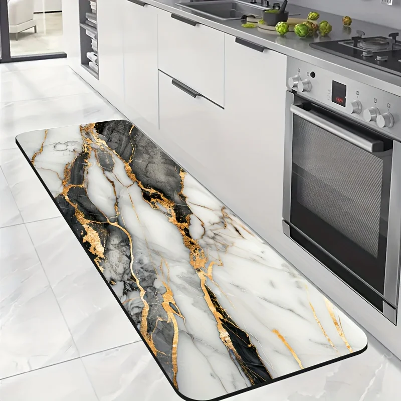 Luxury Gold Foil Marble Print Kitchen Mat, Non-Slip Oil-Proof Waterproof Stain Resistant Long Floor Rug for Modern Home Decor