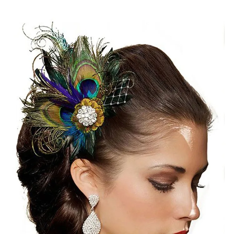 Pinza de pelo de plumas de pavo real con diamantes de imitación, accesorios para el cabello Vintage para Boda nupcial