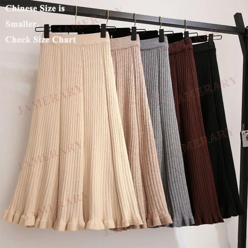 

Autumn Winter Woolen Knitted Midi Skirt For Women Big Hem Bottom Elastic High Waist A Line Pleated Long Skirts