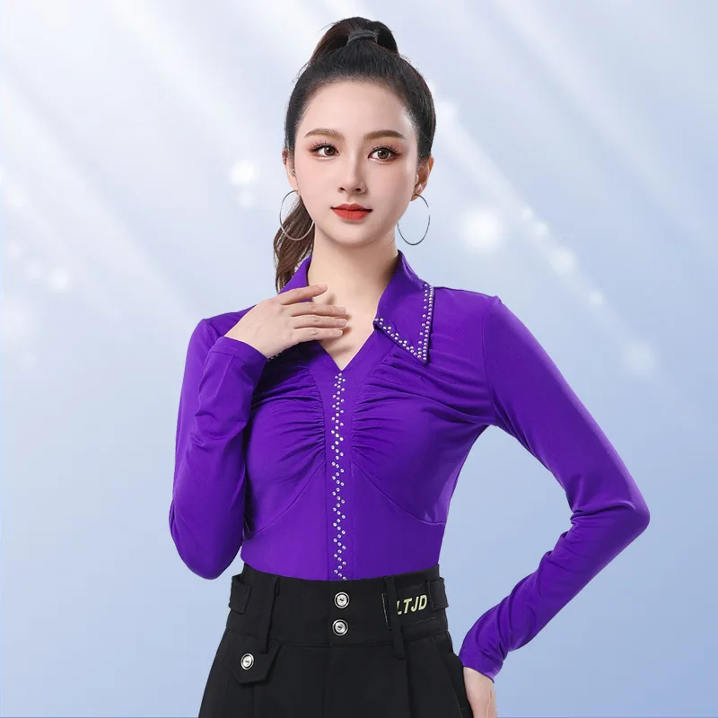 Primavera nuova danza quadrata marinaio sala da ballo danza bavero sottile manica lunga danza moderna top