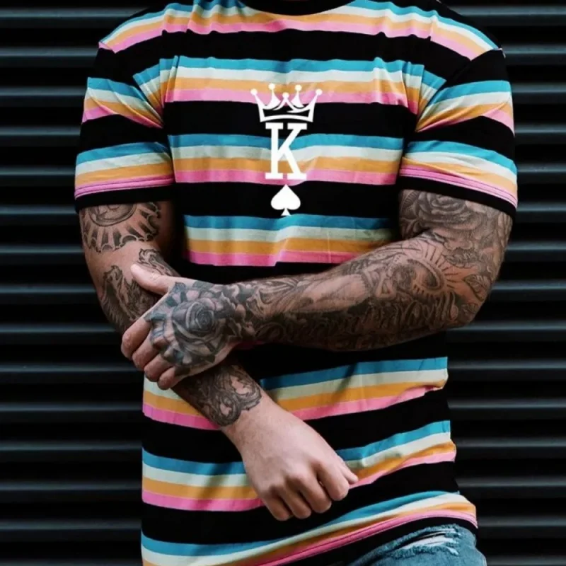 ثلاثية الأبعاد مطبوعة الملك روز تي شيرت للرجال الملونة المشارب نمط تيز الصيف س الرقبة قصيرة الأكمام بلايز عادية الشارع فضفاض تي شيرت #4
