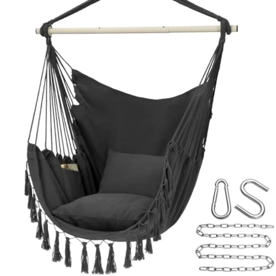 

Hammock Chair Hanging Rope Swing Max 500 Lbs 2 Cushions Included Large Macrame Hanging Chair with Pocket Cotton Weave for Super