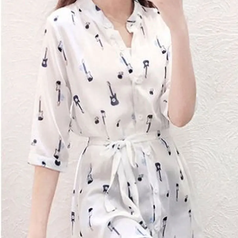 Female Clothing Fashion Printed Blouse Elegant Waist Drawstring Loose Summer Casual Half Sleeve Korean Single-breasted Shirt New