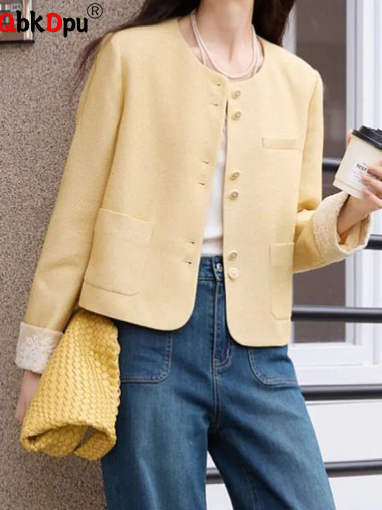 

Корейские модные свободные пальто, женские повседневные однобортные верхние одежды с круглым вырезом, весенне-осенние желтые дизайнерские пиджаки с длинными рукавами, новинка