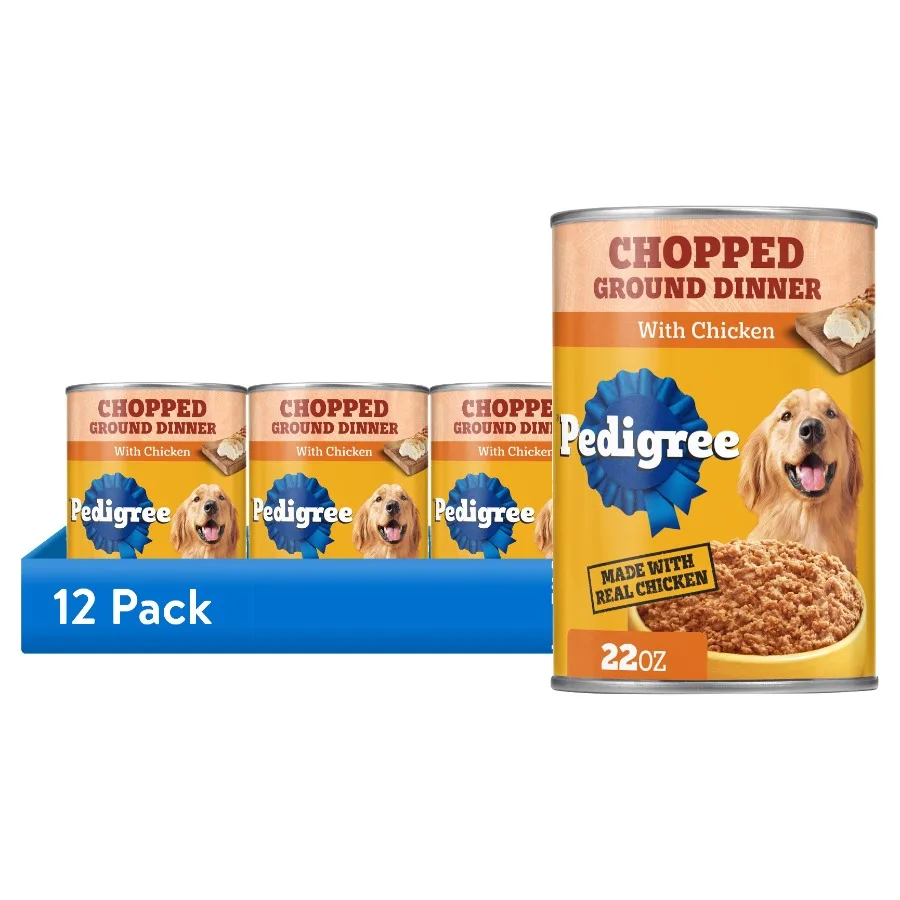 12 pack Chopped Ground Dinner Wet Dog Food With Chicken, Canned Dog Food, 22 oz. Can